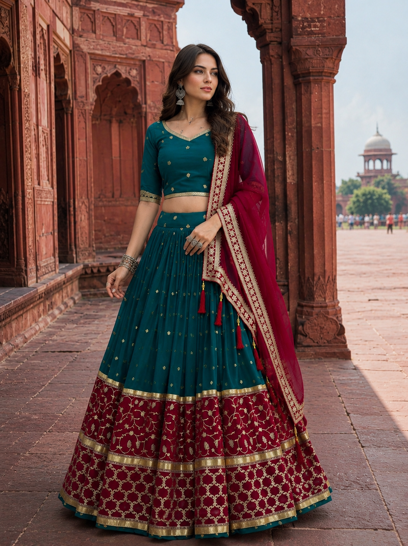 Peacock Teal Fox Georgette Navratri Lehenga Choli with Embroidered Dupatta