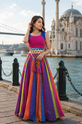 Multicolor Georgette Navratri Lehenga Choli with Kodi Mirror Work