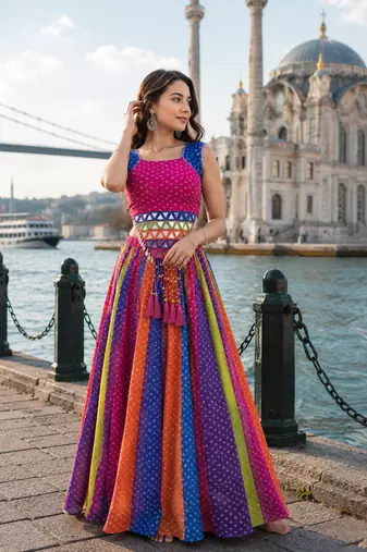 Multicolor Georgette Navratri Lehenga Choli with Kodi Mirror Work
