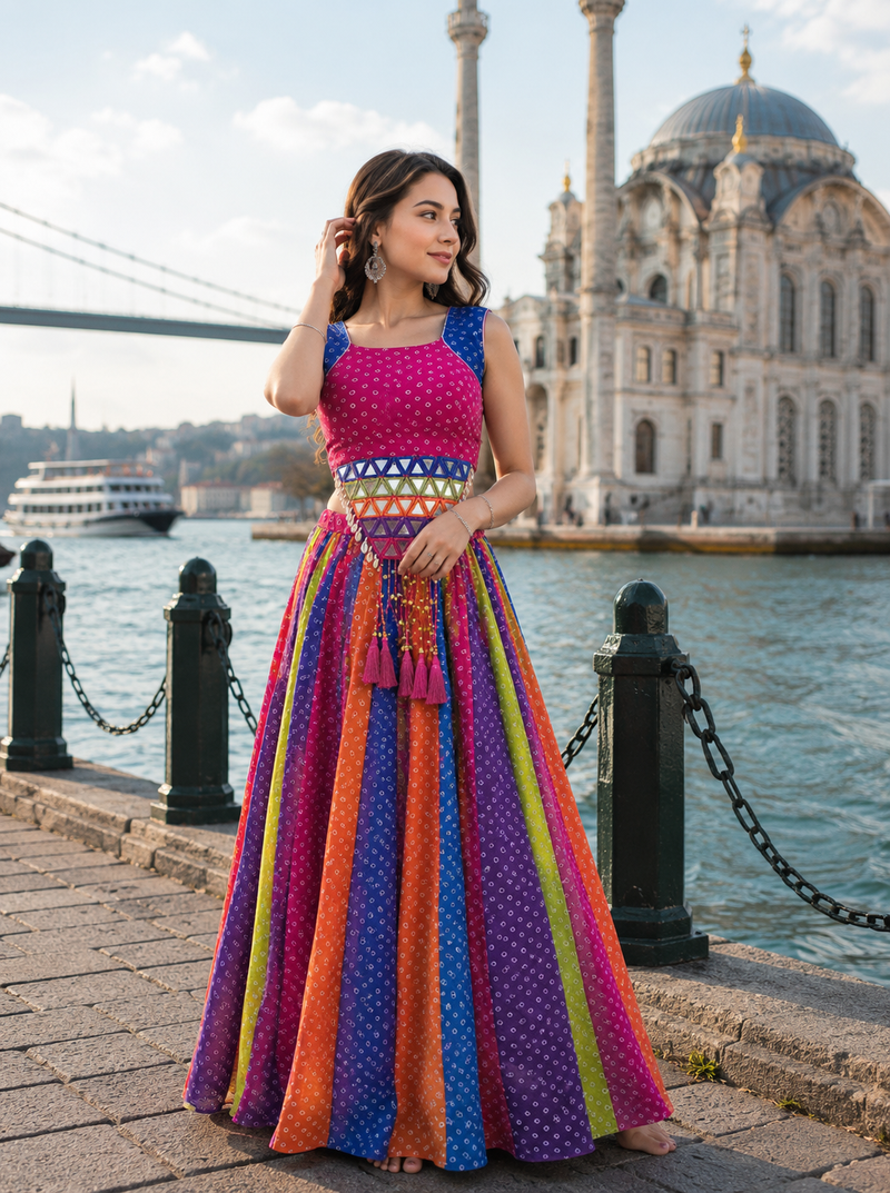 Multicolor Georgette Navratri Lehenga Choli with Kodi Mirror Work
