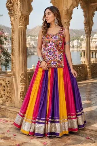 Multicolor Pure Cotton Gamathi Mirror Work Navratri Lehenga Choli