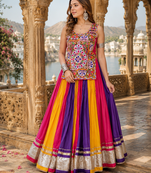 Multicolor Pure Cotton Gamathi Mirror Work Navratri Lehenga Choli