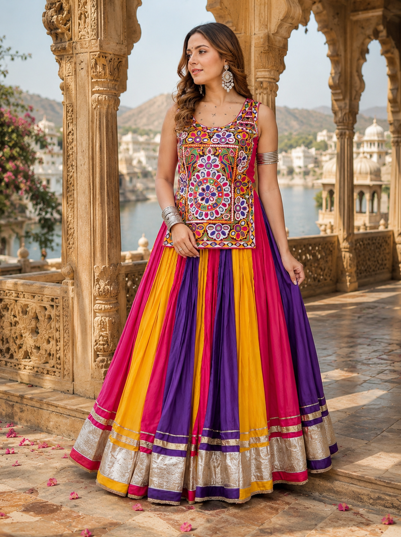 Multicolor Pure Cotton Gamathi Mirror Work Navratri Lehenga Choli