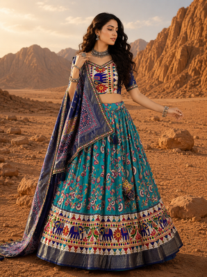 Teal Floral Dola SilkBlend Patola Lehenga Choli with Gamthi Work Dupatta 1