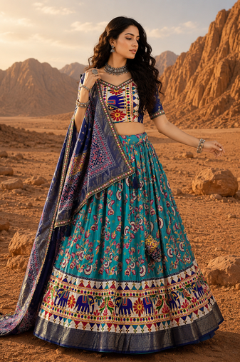 Teal Floral Dola SilkBlend Patola Lehenga Choli with Gamthi Work Dupatta