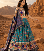 Teal Floral Dola SilkBlend Patola Lehenga Choli with Gamthi Work Dupatta