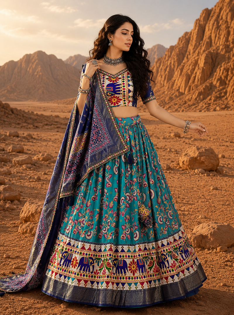 Teal Floral Dola SilkBlend Patola Lehenga Choli with Gamthi Work Dupatta