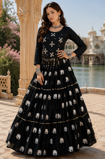 Black Cotton Navratri Lehenga Choli with Hand Work & Real Kodi Work