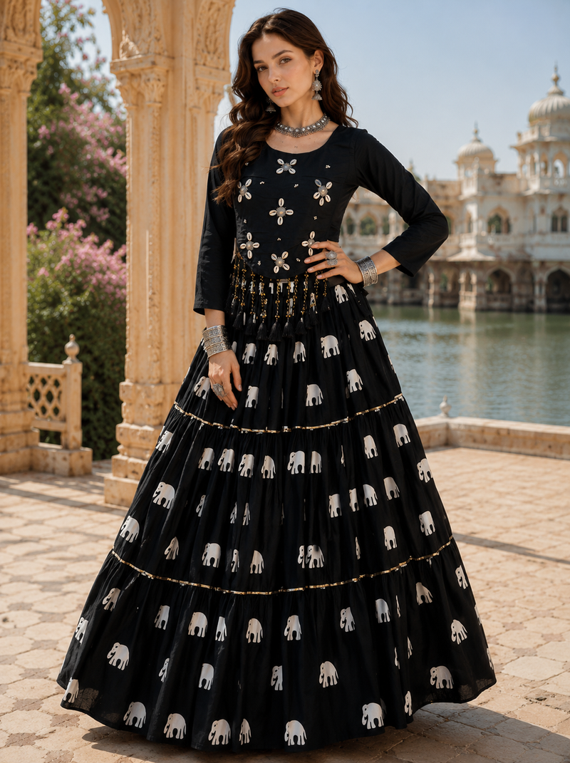 Black Cotton Navratri Lehenga Choli with Hand Work & Real Kodi Work