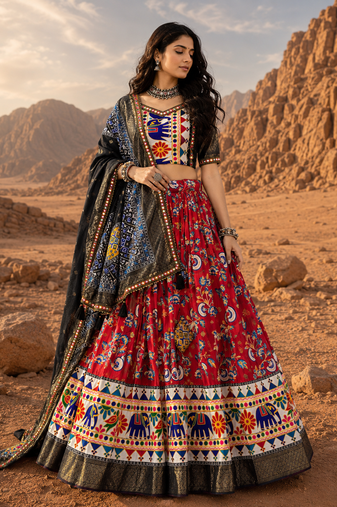 Red Floral Dola SilkBlend Patola Lehenga Choli with Gamthi Work Dupatta