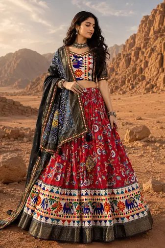Red Floral Dola SilkBlend Patola Lehenga Choli with Gamthi Work Dupatta