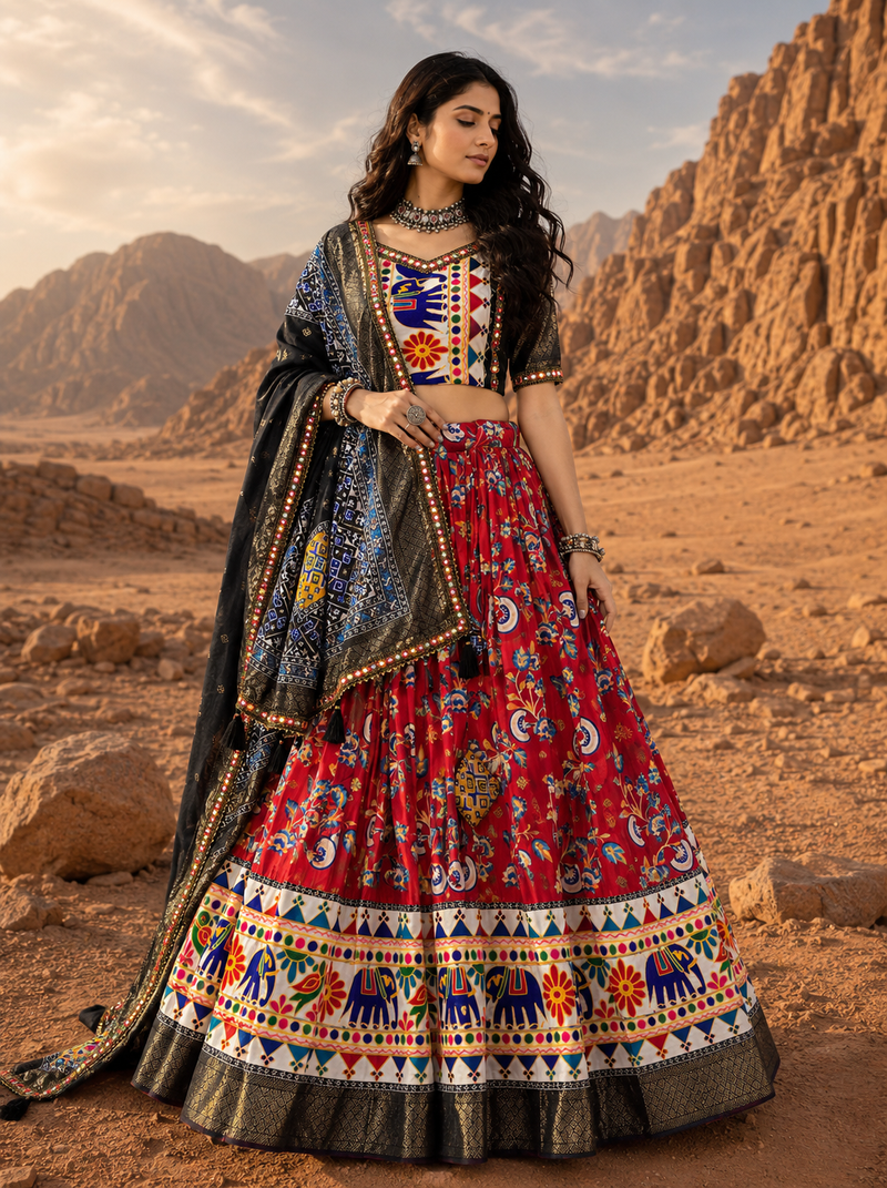 Red Floral Dola SilkBlend Patola Lehenga Choli with Gamthi Work Dupatta