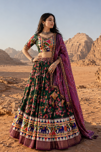Green Floral Dola SilkBlend Patola Lehenga Choli with Gamthi Work Dupatta