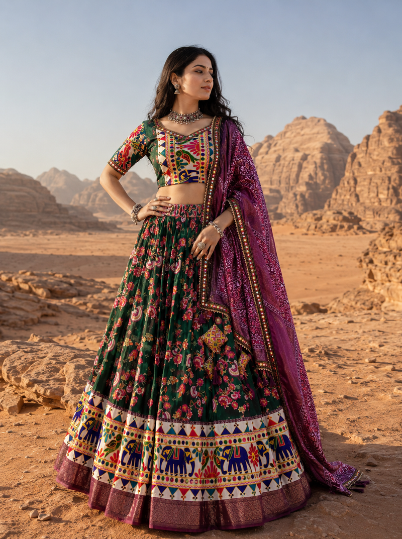 Green Floral Dola SilkBlend Patola Lehenga Choli with Gamthi Work Dupatta