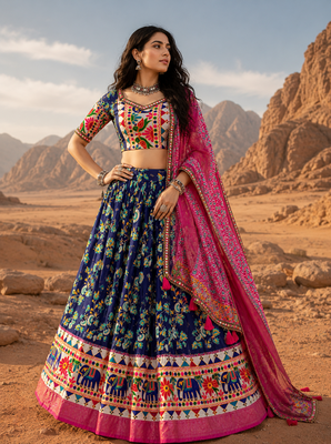 Blue Floral Dola SilkBlend Patola Lehenga Choli with Gamthi Work Dupatta 1