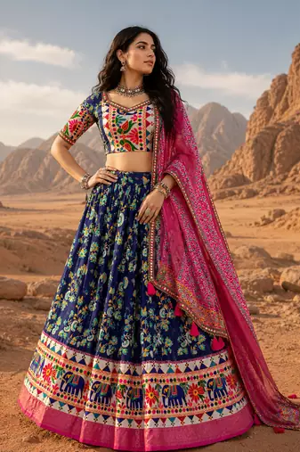 Blue Floral Dola SilkBlend Patola Lehenga Choli with Gamthi Work Dupatta