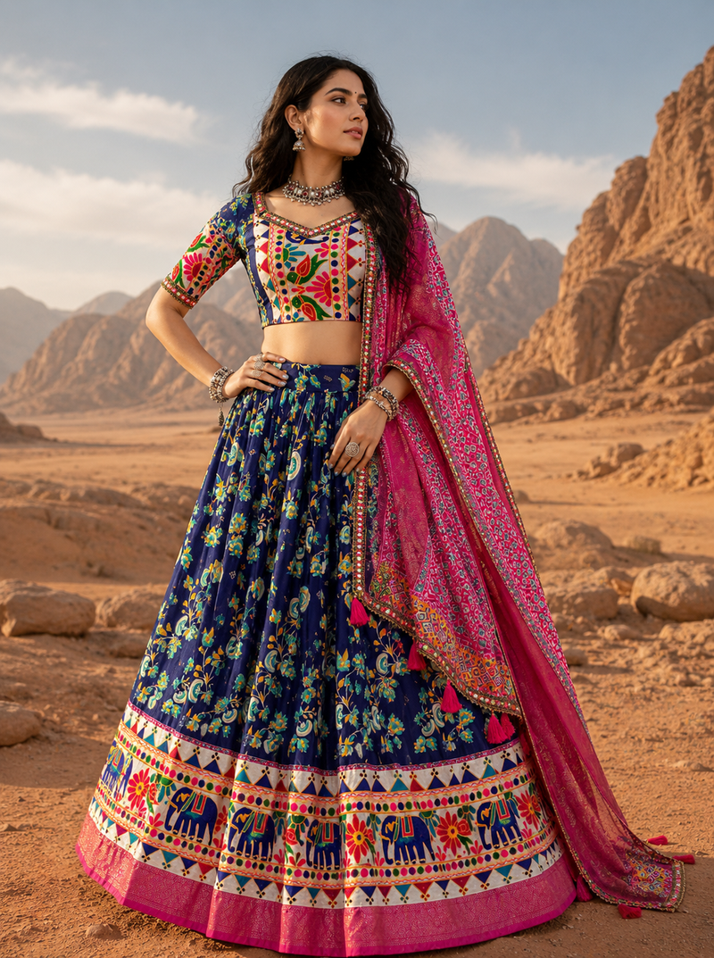 Blue Floral Dola SilkBlend Patola Lehenga Choli with Gamthi Work Dupatta