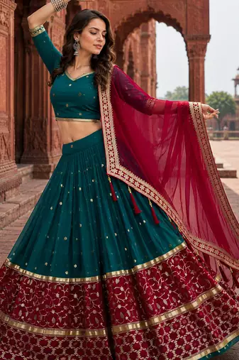 Peacock Teal Fox Georgette Navratri Lehenga Choli with Embroidered Dupatta