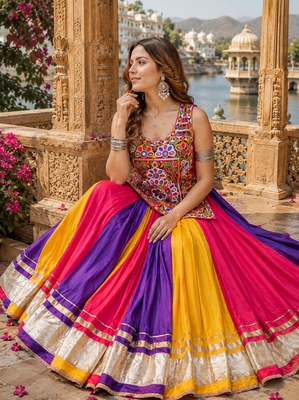 Multicolor Pure Cotton Gamathi Mirror Work Navratri Lehenga Choli 2