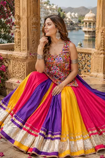 Multicolor Pure Cotton Gamathi Mirror Work Navratri Lehenga Choli