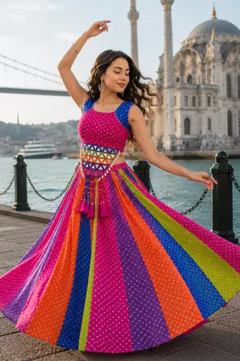 Multicolor Georgette Navratri Lehenga Choli with Kodi Mirror Work