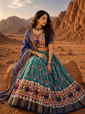 Teal Floral Dola SilkBlend Patola Lehenga Choli with Gamthi Work Dupatta 2