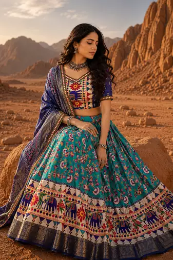 Teal Floral Dola SilkBlend Patola Lehenga Choli with Gamthi Work Dupatta