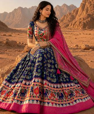 Blue Floral Dola SilkBlend Patola Lehenga Choli with Gamthi Work Dupatta 2
