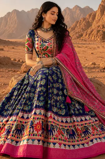 Blue Floral Dola SilkBlend Patola Lehenga Choli with Gamthi Work Dupatta