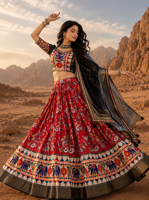 Red Floral Dola SilkBlend Patola Lehenga Choli with Gamthi Work Dupatta 2