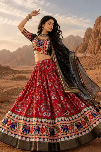 Red Floral Dola SilkBlend Patola Lehenga Choli with Gamthi Work Dupatta