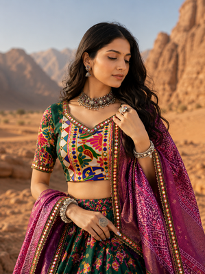 Green Floral Dola SilkBlend Patola Lehenga Choli with Gamthi Work Dupatta 2