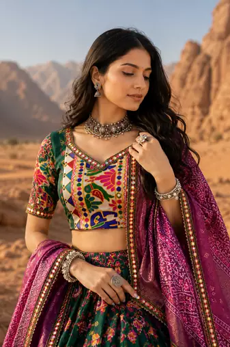 Green Floral Dola SilkBlend Patola Lehenga Choli with Gamthi Work Dupatta