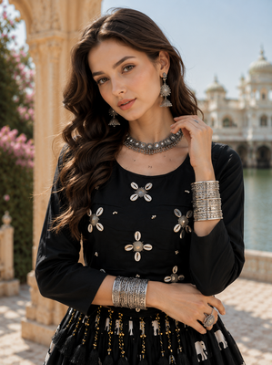 Black Cotton Navratri Lehenga Choli with Hand Work & Real Kodi Work 2