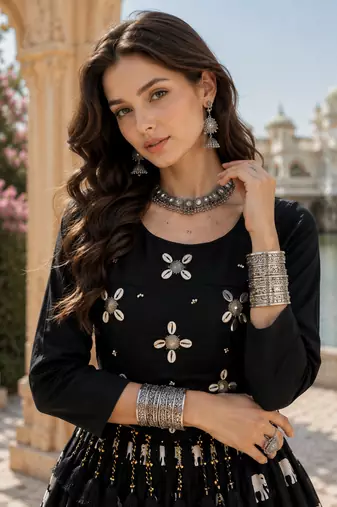 Black Cotton Navratri Lehenga Choli with Hand Work & Real Kodi Work