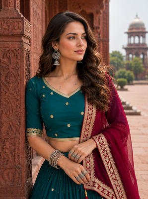 Peacock Teal Fox Georgette Navratri Lehenga Choli with Embroidered Dupatta 3