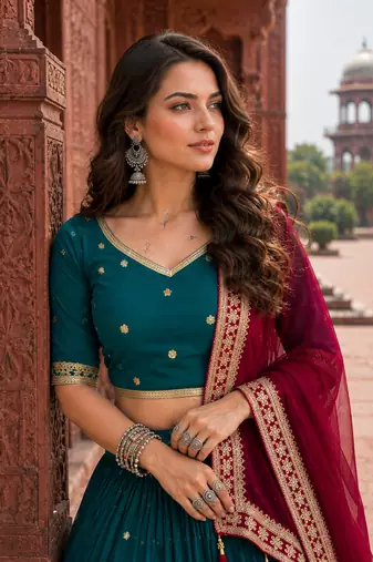 Peacock Teal Fox Georgette Navratri Lehenga Choli with Embroidered Dupatta