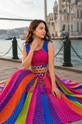Multicolor Georgette Navratri Lehenga Choli with Kodi Mirror Work