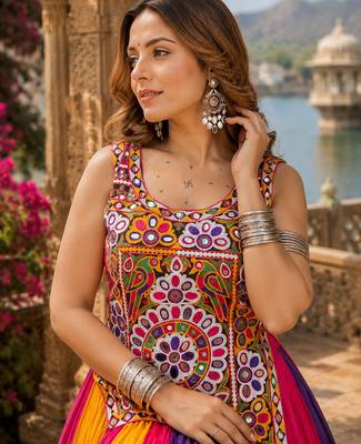 Multicolor Pure Cotton Gamathi Mirror Work Navratri Lehenga Choli 3