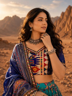 Teal Floral Dola SilkBlend Patola Lehenga Choli with Gamthi Work Dupatta 3