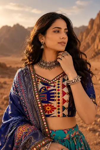 Teal Floral Dola SilkBlend Patola Lehenga Choli with Gamthi Work Dupatta