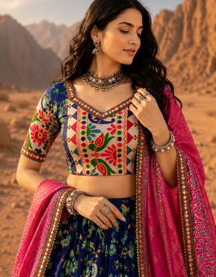 Blue Floral Dola SilkBlend Patola Lehenga Choli with Gamthi Work Dupatta 3