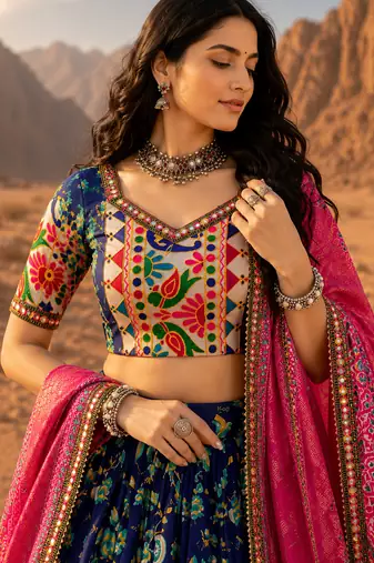Blue Floral Dola SilkBlend Patola Lehenga Choli with Gamthi Work Dupatta