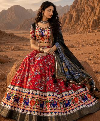 Red Floral Dola SilkBlend Patola Lehenga Choli with Gamthi Work Dupatta 3