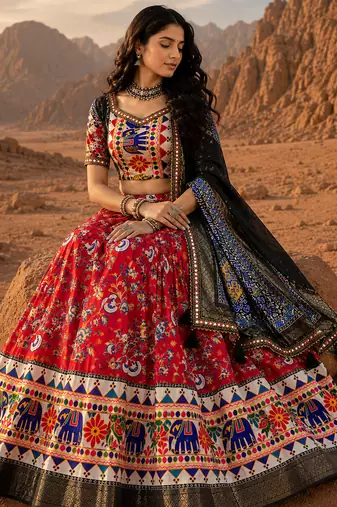 Red Floral Dola SilkBlend Patola Lehenga Choli with Gamthi Work Dupatta