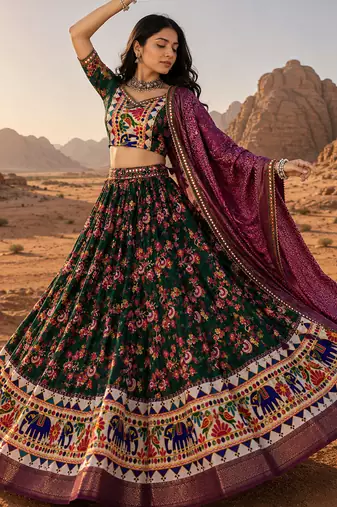 Green Floral Dola SilkBlend Patola Lehenga Choli with Gamthi Work Dupatta
