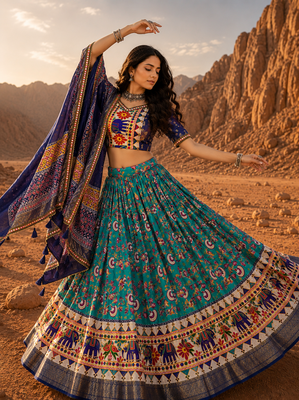 Teal Floral Dola SilkBlend Patola Lehenga Choli with Gamthi Work Dupatta 4