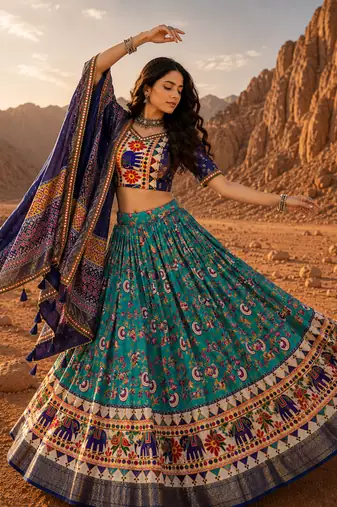 Teal Floral Dola SilkBlend Patola Lehenga Choli with Gamthi Work Dupatta