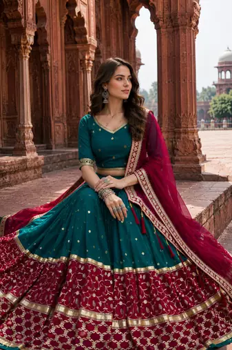 Peacock Teal Fox Georgette Navratri Lehenga Choli with Embroidered Dupatta
