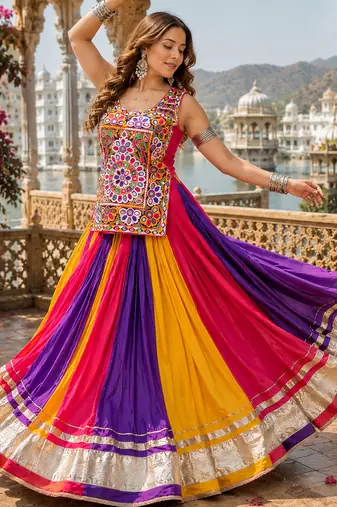 Multicolor Pure Cotton Gamathi Mirror Work Navratri Lehenga Choli